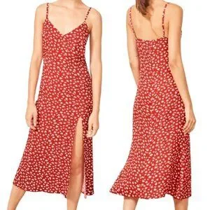 Reformation Crimini V Neck Leg Slit Midi Slip Dress in Western Red Floral  Size - Main Image